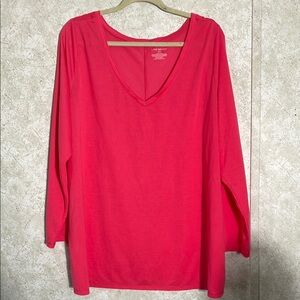 Lane Bryant Long Sleeve V Neck Red Polyester T Shirt